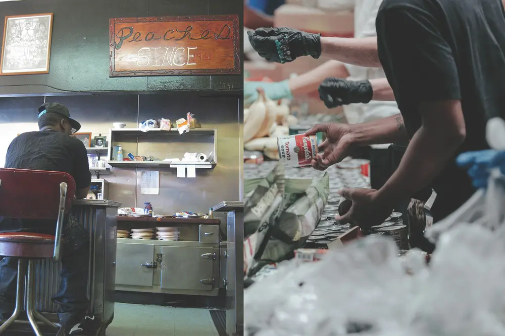 Split screen images of a patron at Peaches Cafe and a food bank